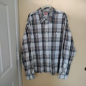 Wrangler Flex Comfort Shirt 3XL Plaid Blue Brown Cotton Blend Stretch Western